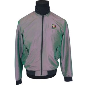 Retro Surf Style small irridescent zip up bomber jacket , neon logo patch.